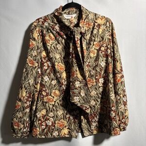 VTG 70s‎ Lady Arrow Floral Tie Neck Brown Orange Long Sleeve Secretary Top XL